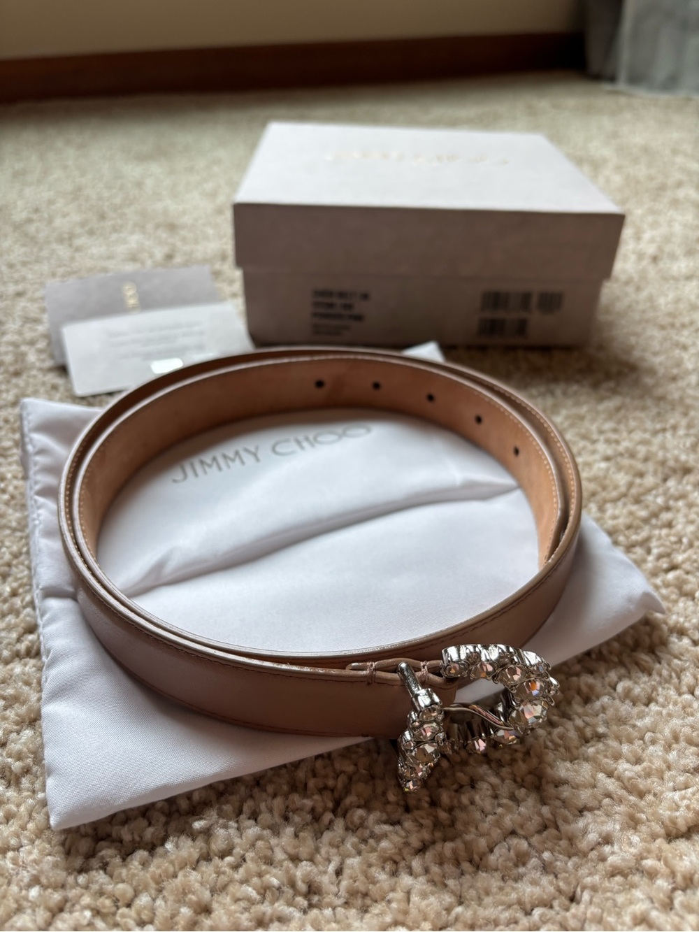 Jimmy Choo Nude Powder Pink Crystal-Embellished Leather Belt size 85